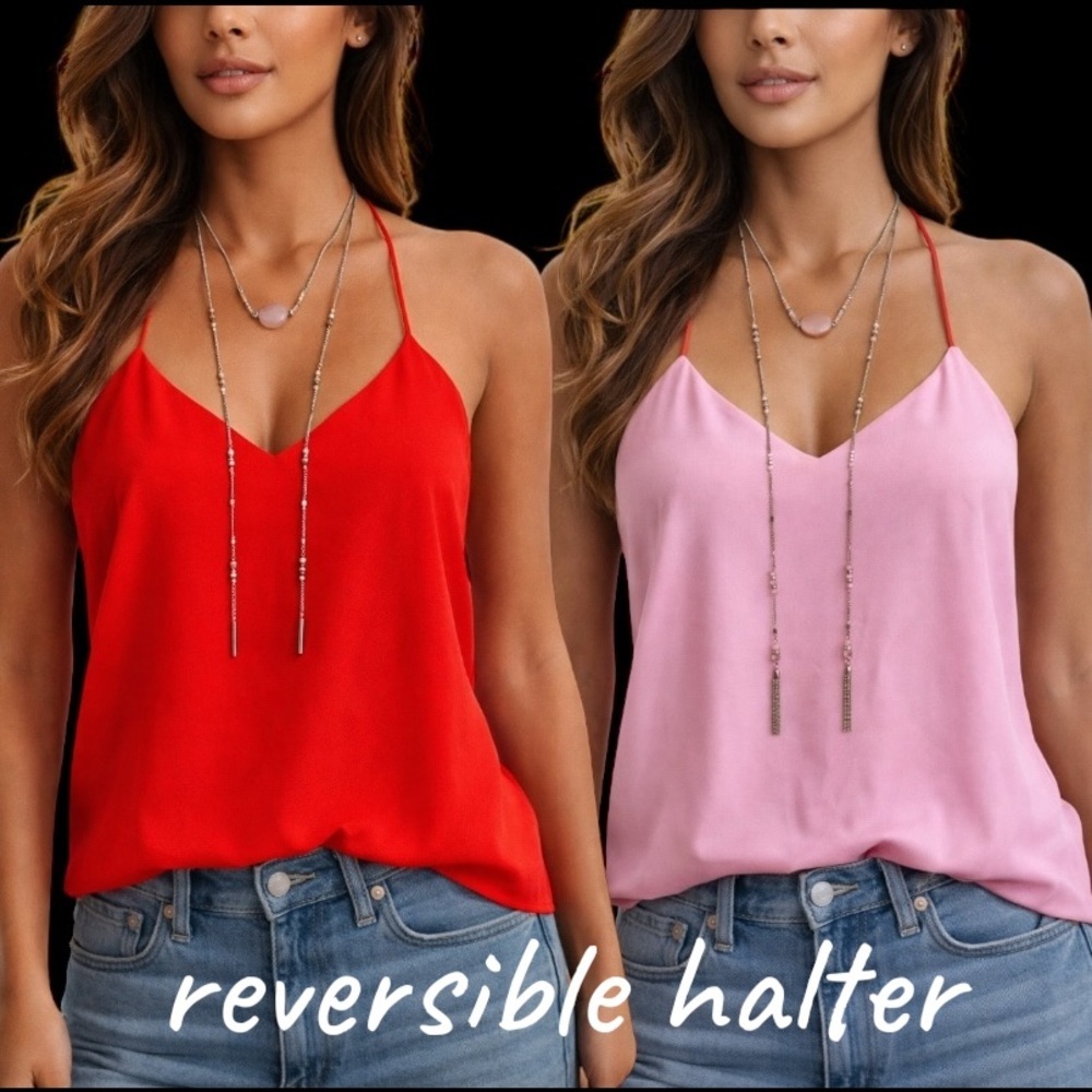 Reversible Crepe Halter Tank Top - Pink + Coral Orange - Women’s Size Medium